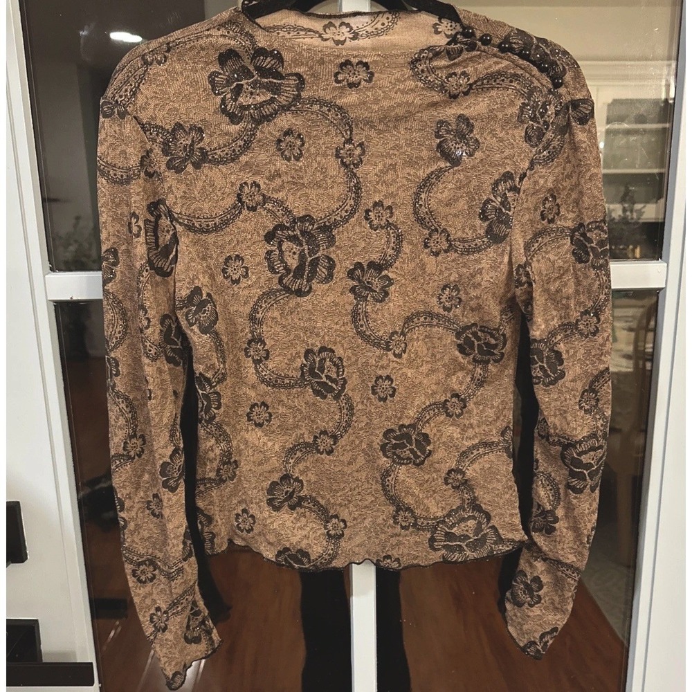 NEWPORT NEWS Gray Brown Semi-Sheer  Top Blouse Lace Embroidered Glitter Floral S